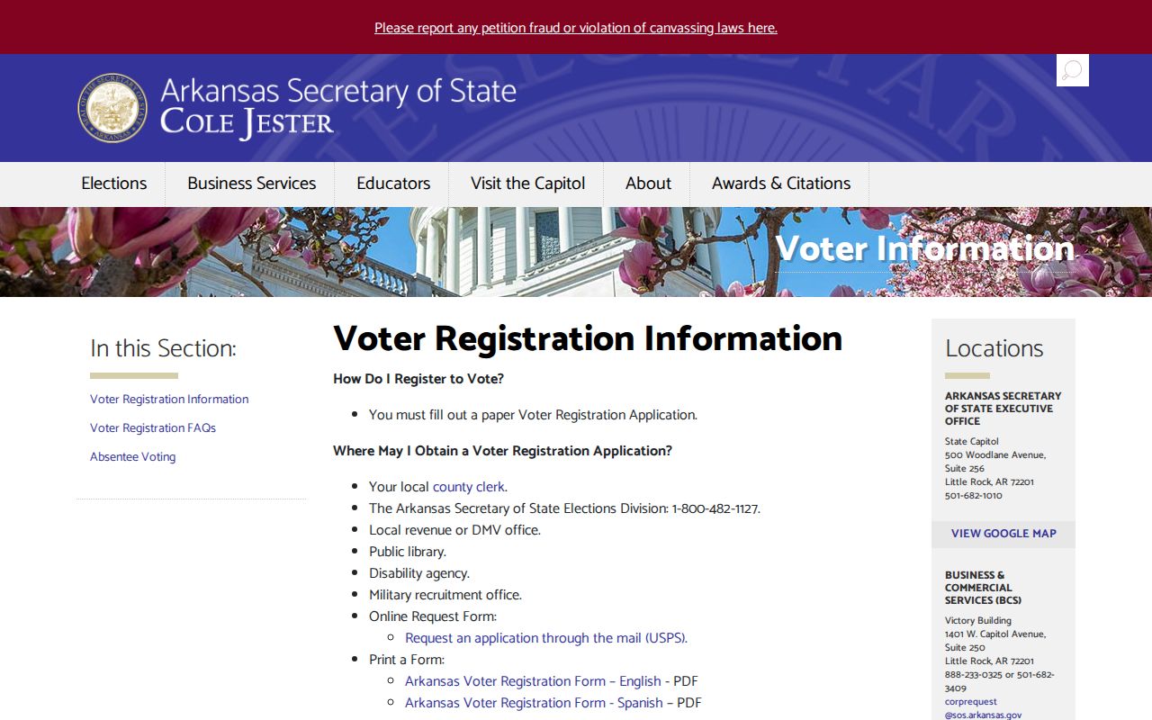 Texarkana voter registration records Arkansas registration instructions screenshot